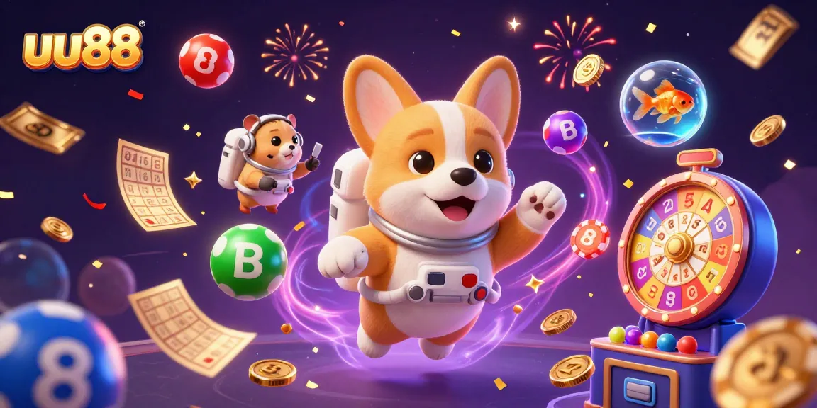 Experience the excitement of uu88 with vibrant lottery balls and playful characters in a dynamic casino scene.