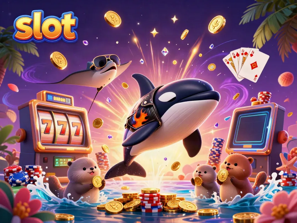 Experience the excitement of slot machines with a colorful scene featuring animated characters and casino elements.