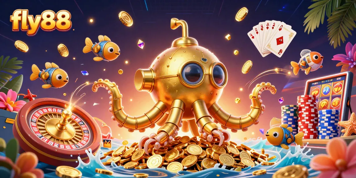 Experience thrilling entertainment with fly88's vibrant gaming scene featuring a golden kraken amidst cascading coins.