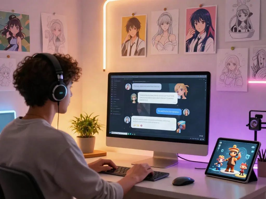 Engaging scene of an artist interacting with hentai ai chat on a modern desktop