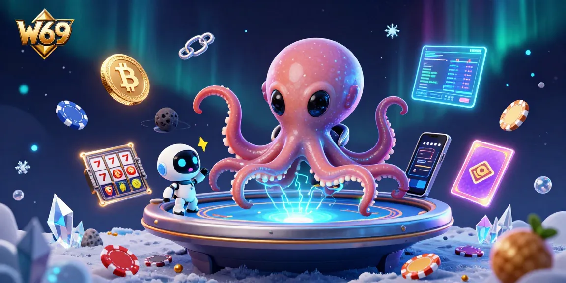 Engage in thrilling W69 casino gameplay as an alien octopus operates a holographic poker table.