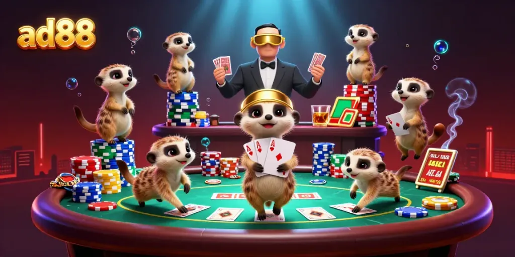 ad88 meerkats running a vibrant casino operation with poker elements, showcasing lively gameplay.