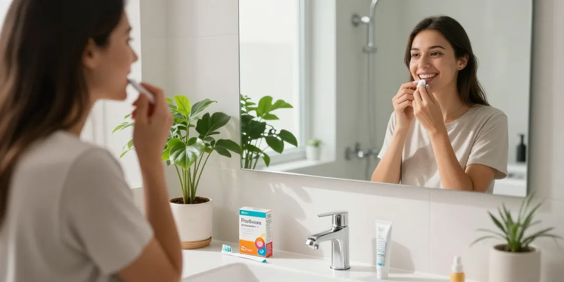 Applying probiotics for bad breath in a bright bathroom setting with fresh decor.