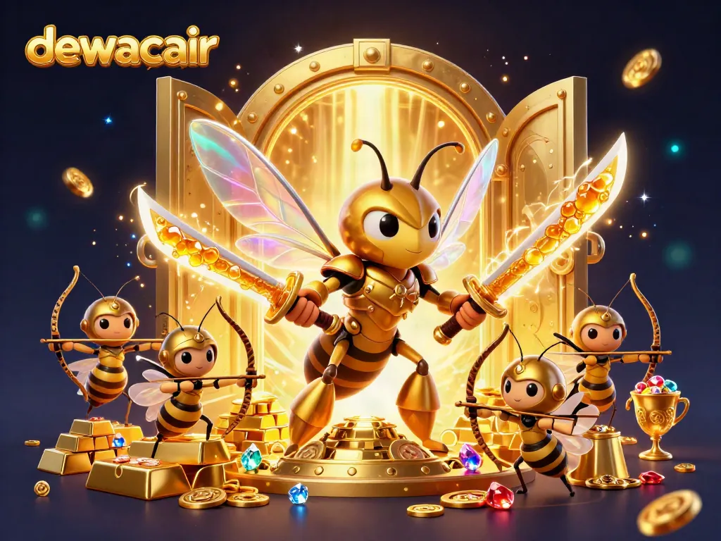 Dewacair showcases a vibrant casino scene featuring a hornet warrior and bee archers surrounded by gold and gems.