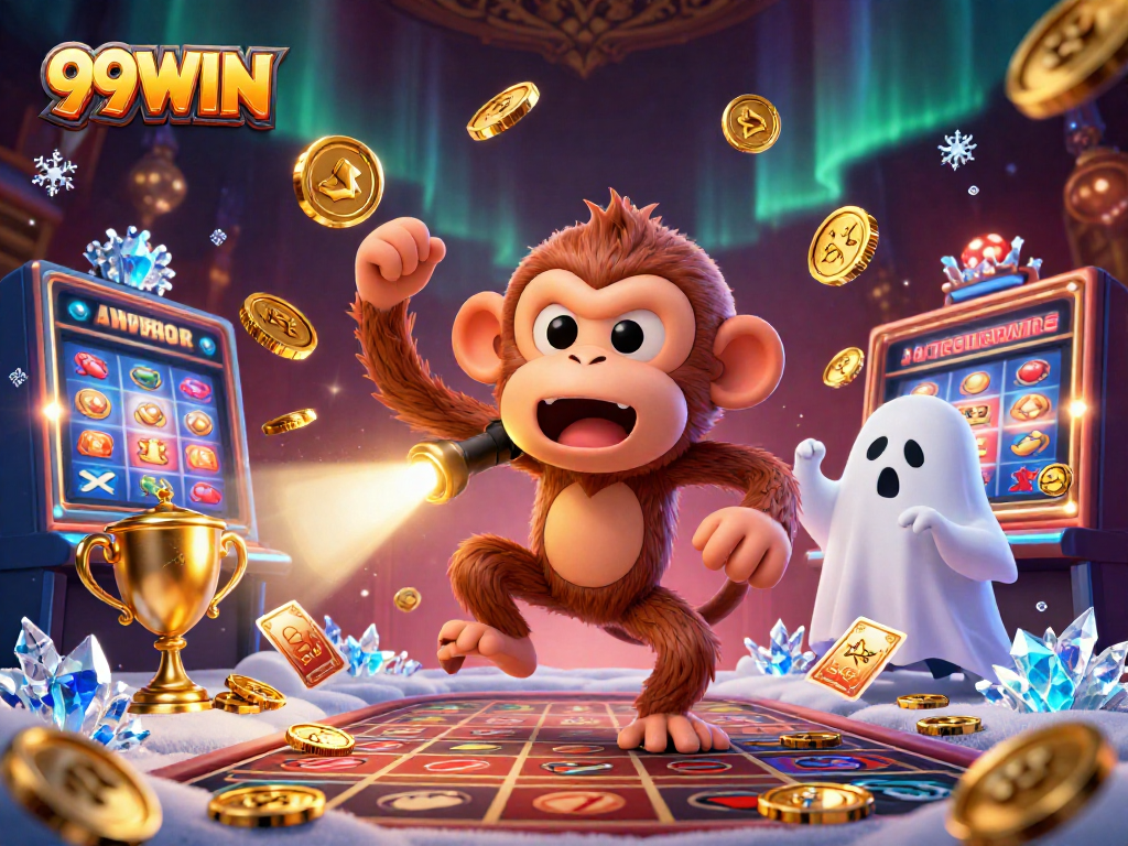 Engage with 99WIN's thrilling casino adventure featuring a mischievous monkey and a curious puppy in a vibrant illustration.