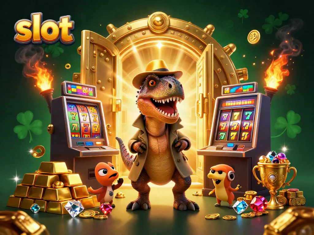 Exciting slot gaming scene with a velociraptor at a slot machine, surrounded by treasures.