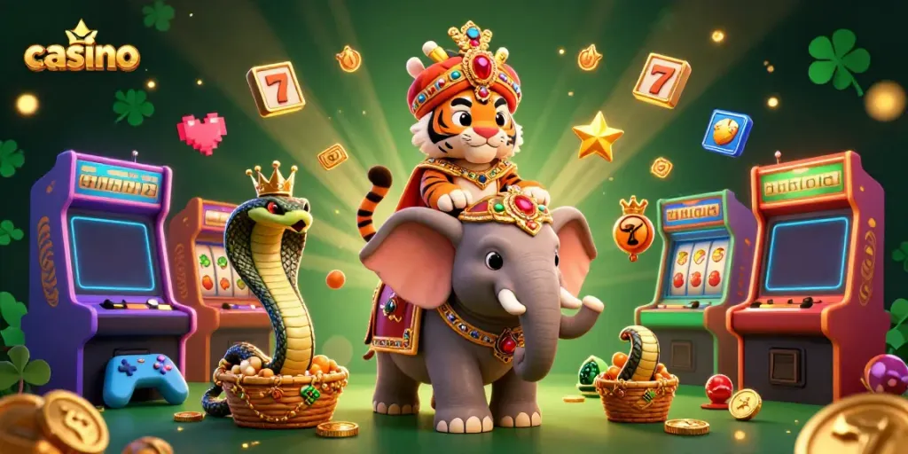 Engaging casino scene featuring a majestic maharaja tiger, jewel-encrusted elephant, and golden cobra, surrounded by dynamic gaming elements.