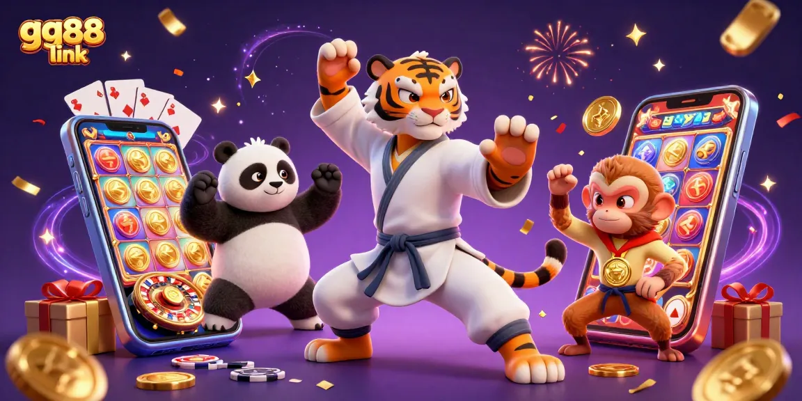 Engage in gaming excitement with gg88 link: a tiger master showcases skills among dynamic casino elements, vivid and colorful.
