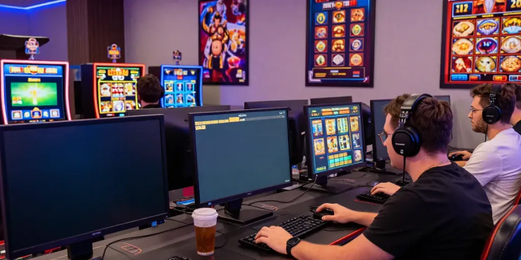 Engaged player enjoying vibrant slot games in modern online casino setup.