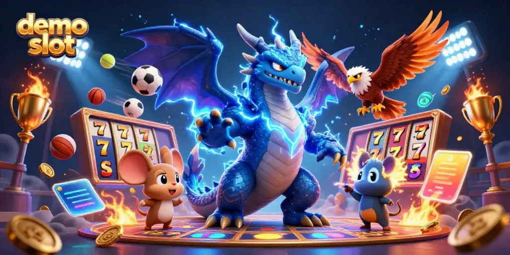 Ikon demo slot yang menarik dengan simbol slot dan karakter 3D aktif untuk permainan kasino.