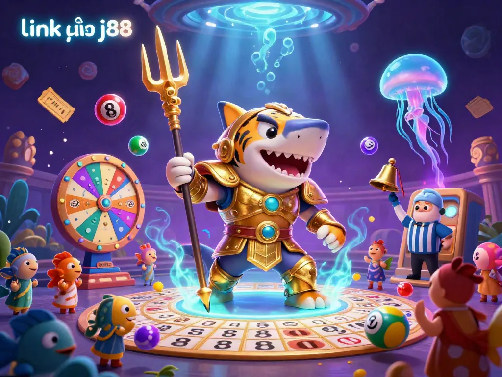 Experience the thrill of gaming with link vào j88, featuring vibrant lottery balls and a majestic shark gladiator.
