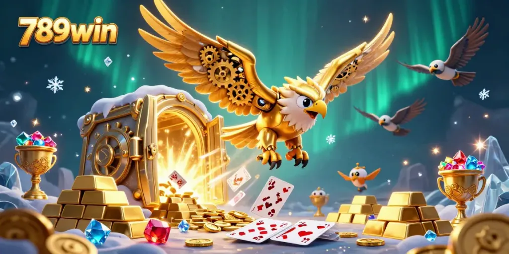 Win big with 789win in an enchanting casino scene full of holographic cards and treasure.