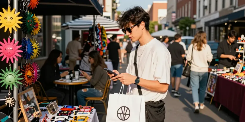 Pessoa usando óculos de sol estilosos em um mercado urbano