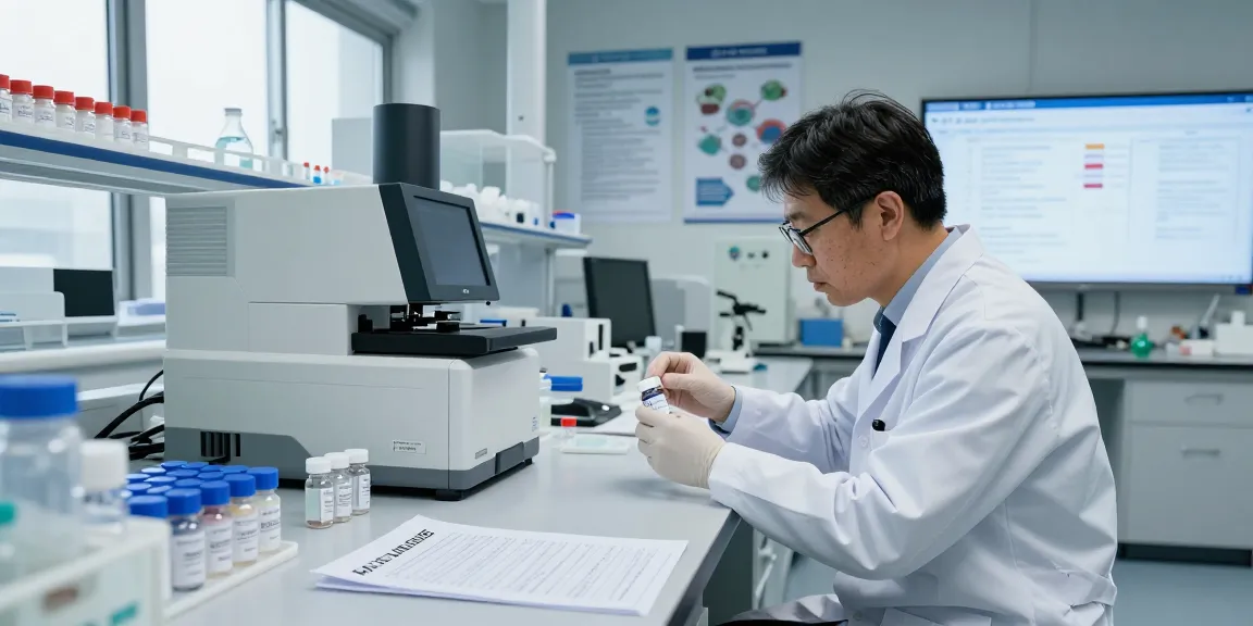 Research peptide US scientist analyzing peptide samples in laboratory.