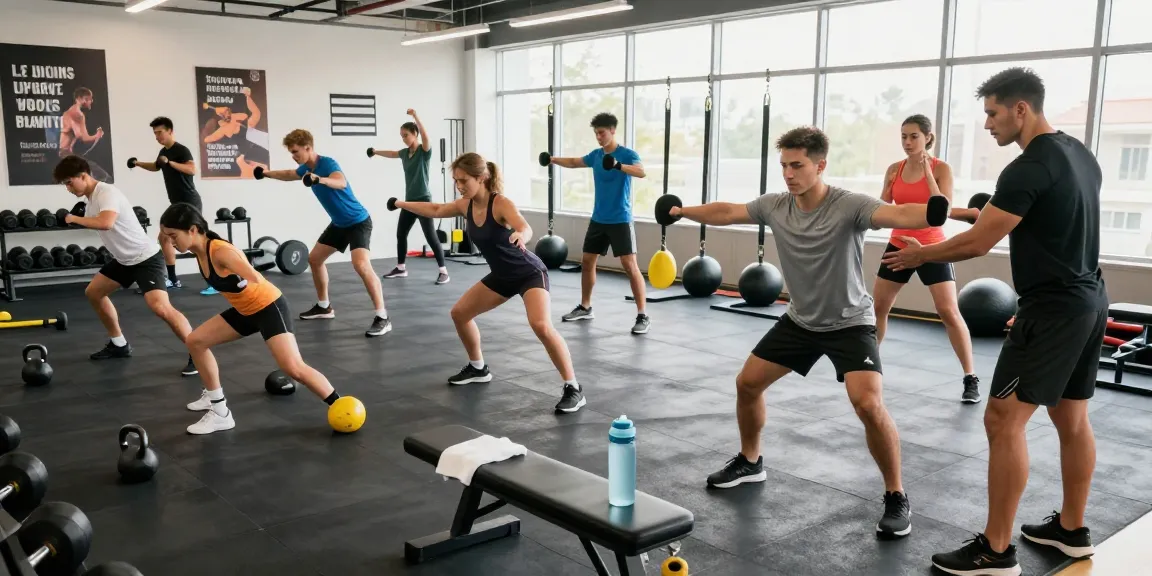 A group of athletes training in a bright gym at the Astera Shop, showcasing diverse workout styles.