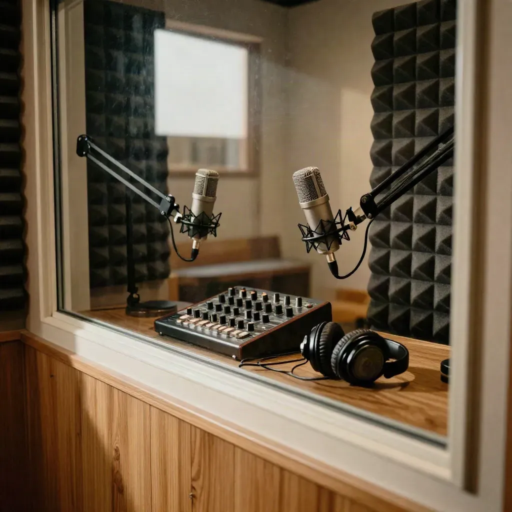 Quiet podcast booth with twin mics, mixer, headphones, and acoustic foam behind glass.