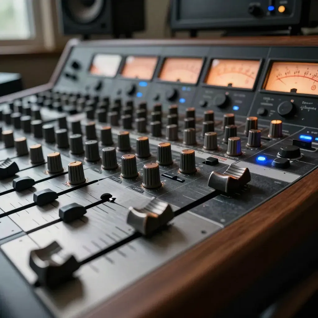 Extreme macro of an analog mixing console with glowing meters and studio monitors in a dark control room.