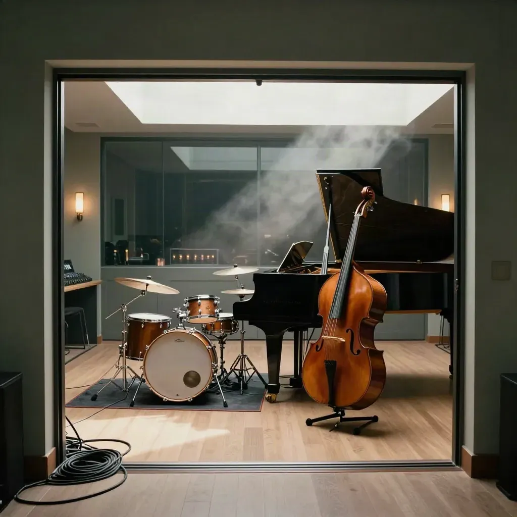 Live tracking room with drum kit, upright bass, raised grand piano lid, and glowing control-room glass after rain.