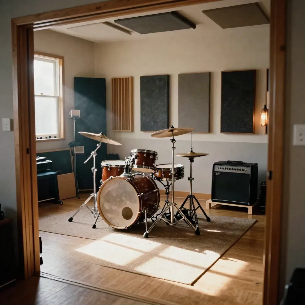 Wood-lined live room with mic'd drums, bass amp, gobos, and dusty late-afternoon light