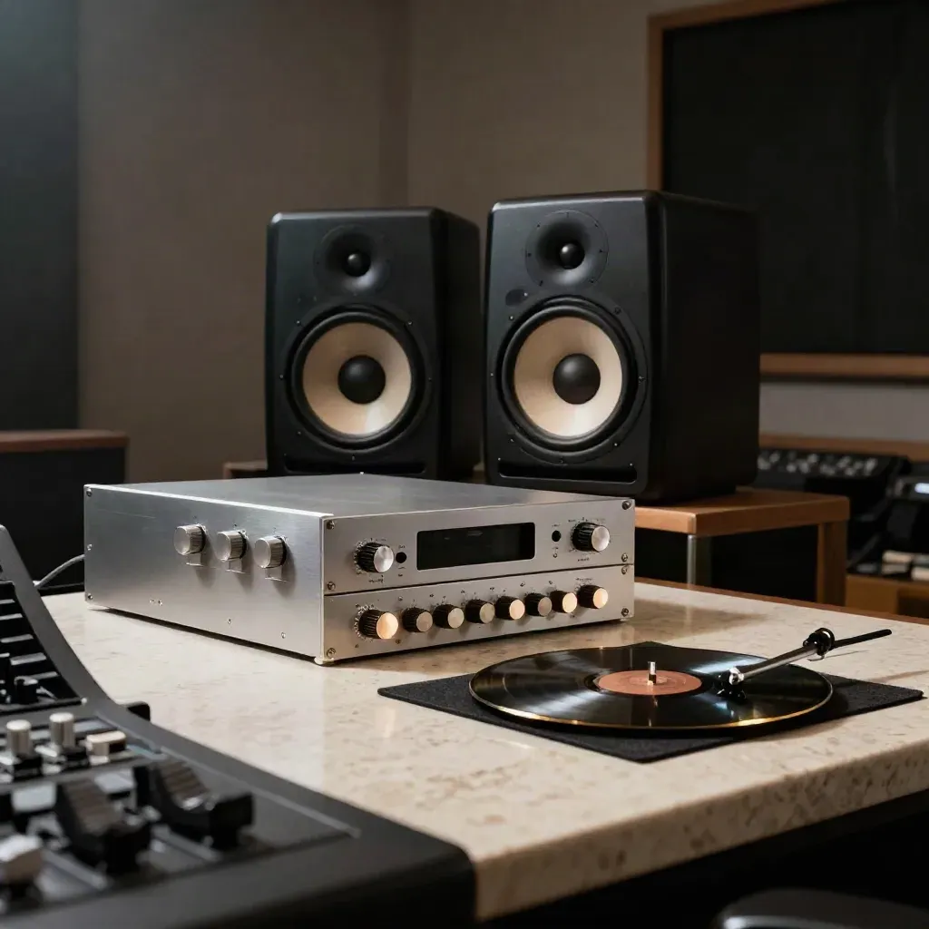 Mastering desk with monitors, converter stack, and lacquer disc in a moody studio haze.