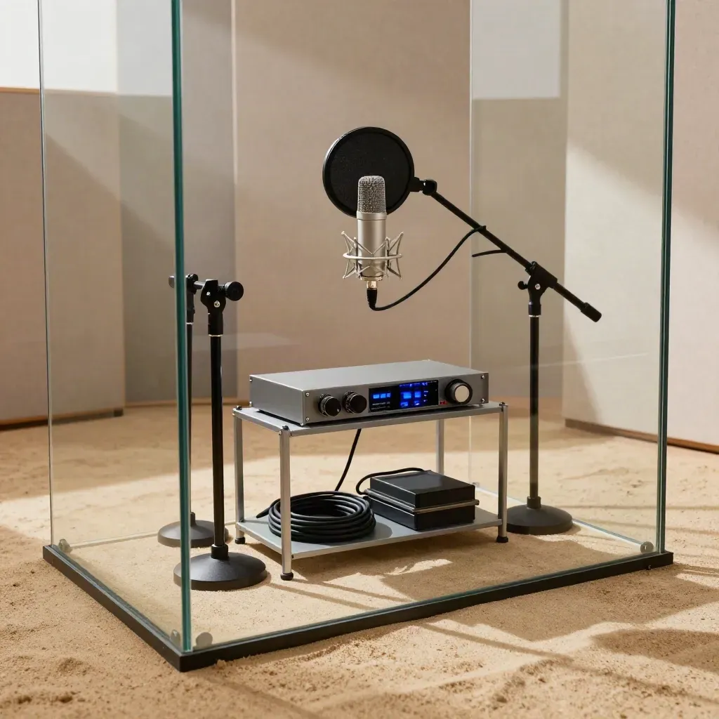 Voice booth with mic, pop filter, spare stands and backup gear behind glass in blue-lit haze