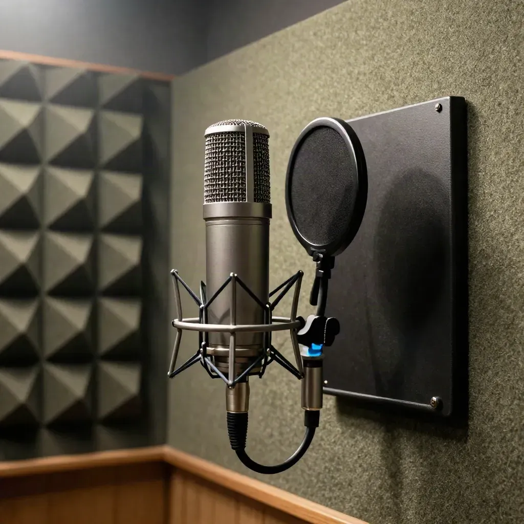 Voiceover booth with mic, pop filter, turned script stand, and faint blue glow in soft haze