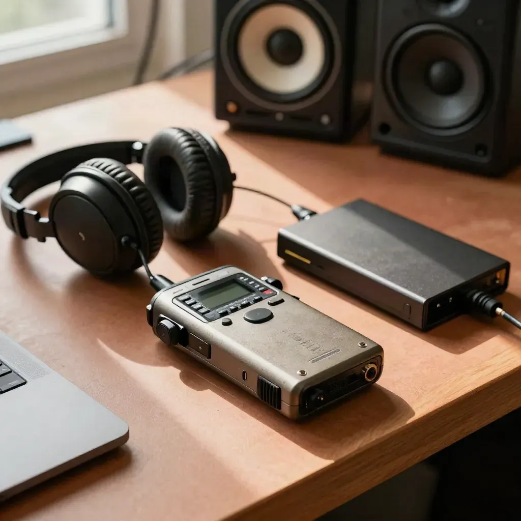 Cleanup desk with recorder, headphones, external drive and silent monitors in warm studio light
