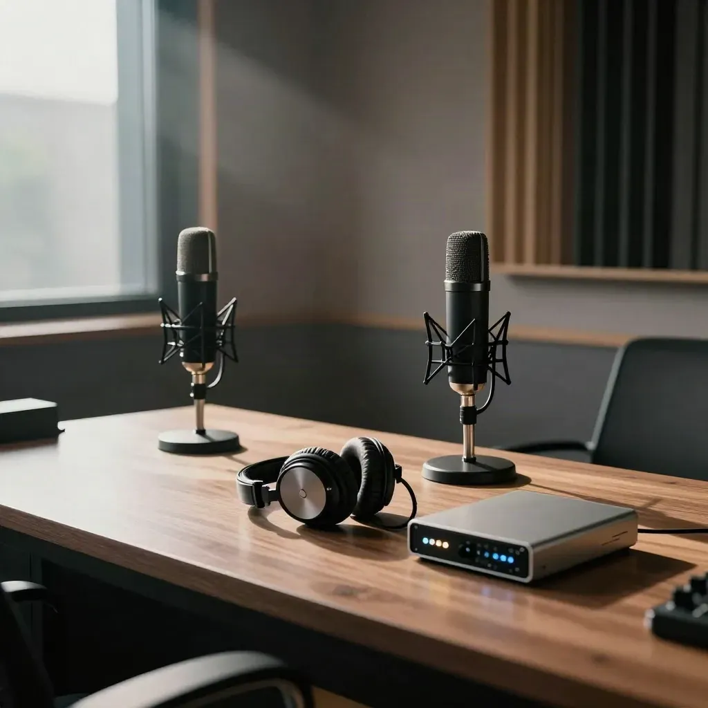 Broadcast edit suite with dynamic mics, recorder, headphones, and backup drive ready for the next podcast batch.