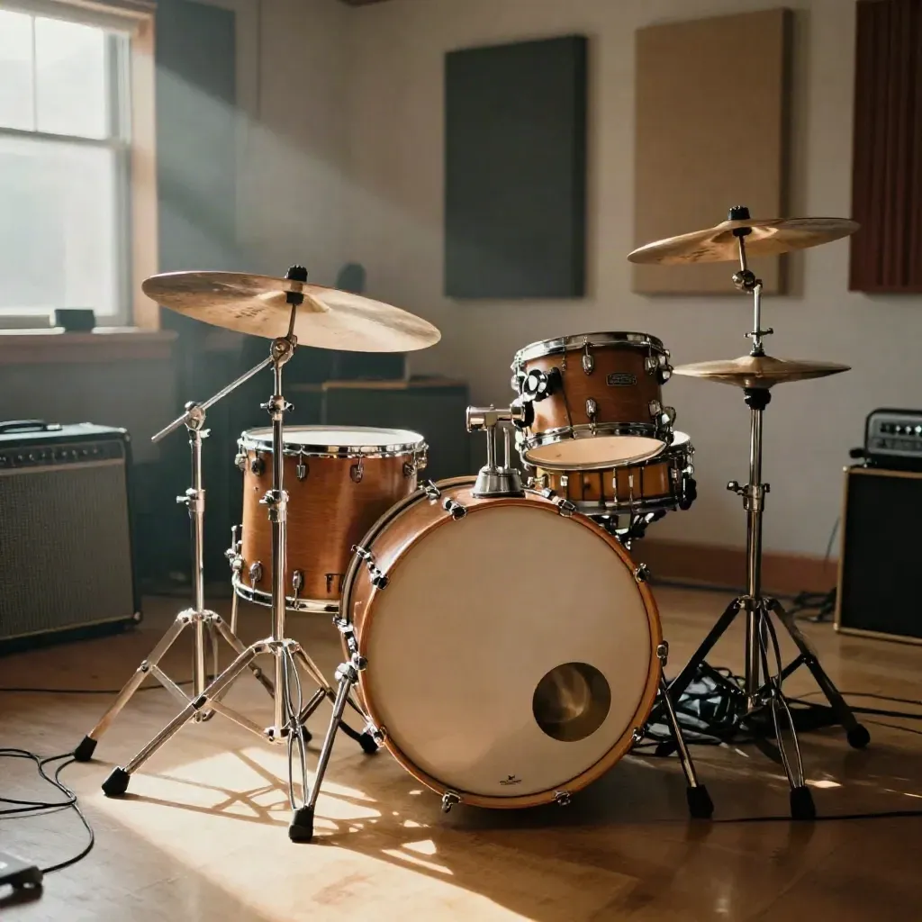 Mic’d drum kit in a cozy live room with amp, lamp, and stands, lit by warm haze.
