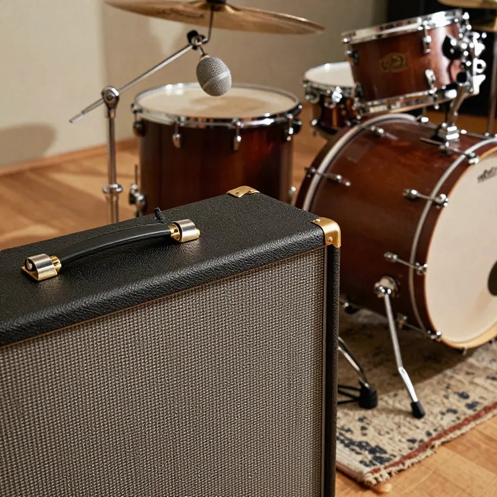 Warm studio amp stack, room mics, rug, and drum corner in a ready demo setup.