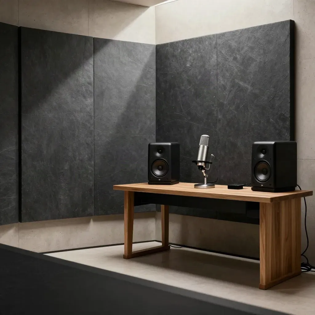 Moody home studio corner with acoustic panels, desktop mic, monitor speakers, and tidy cables.