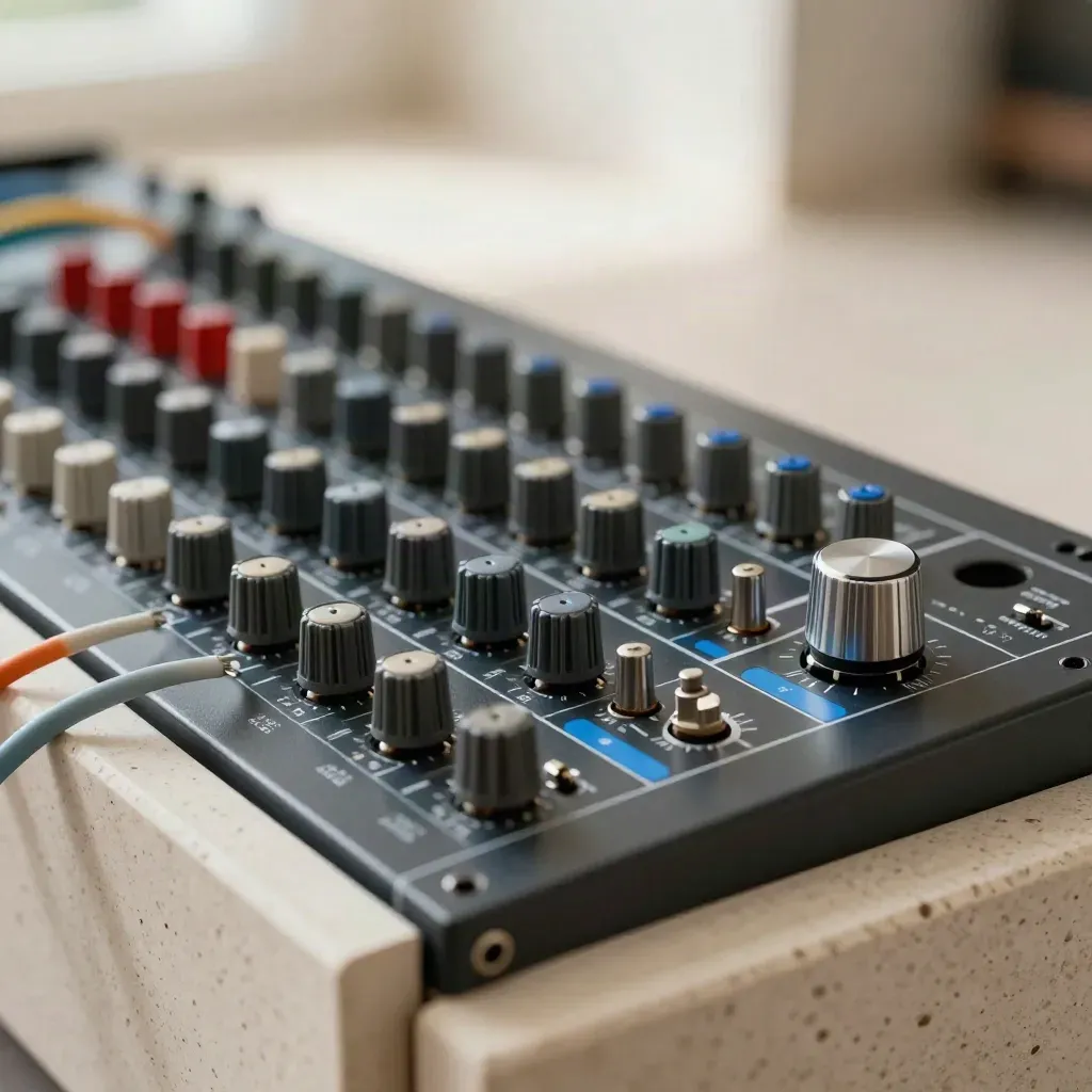 Extreme macro of a studio patchbay with color-coded cables and a brushed aluminum knob in a rack
