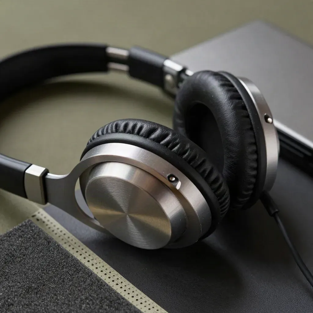 Macro of worn studio headphones beside a hard drive and acoustic foam strip