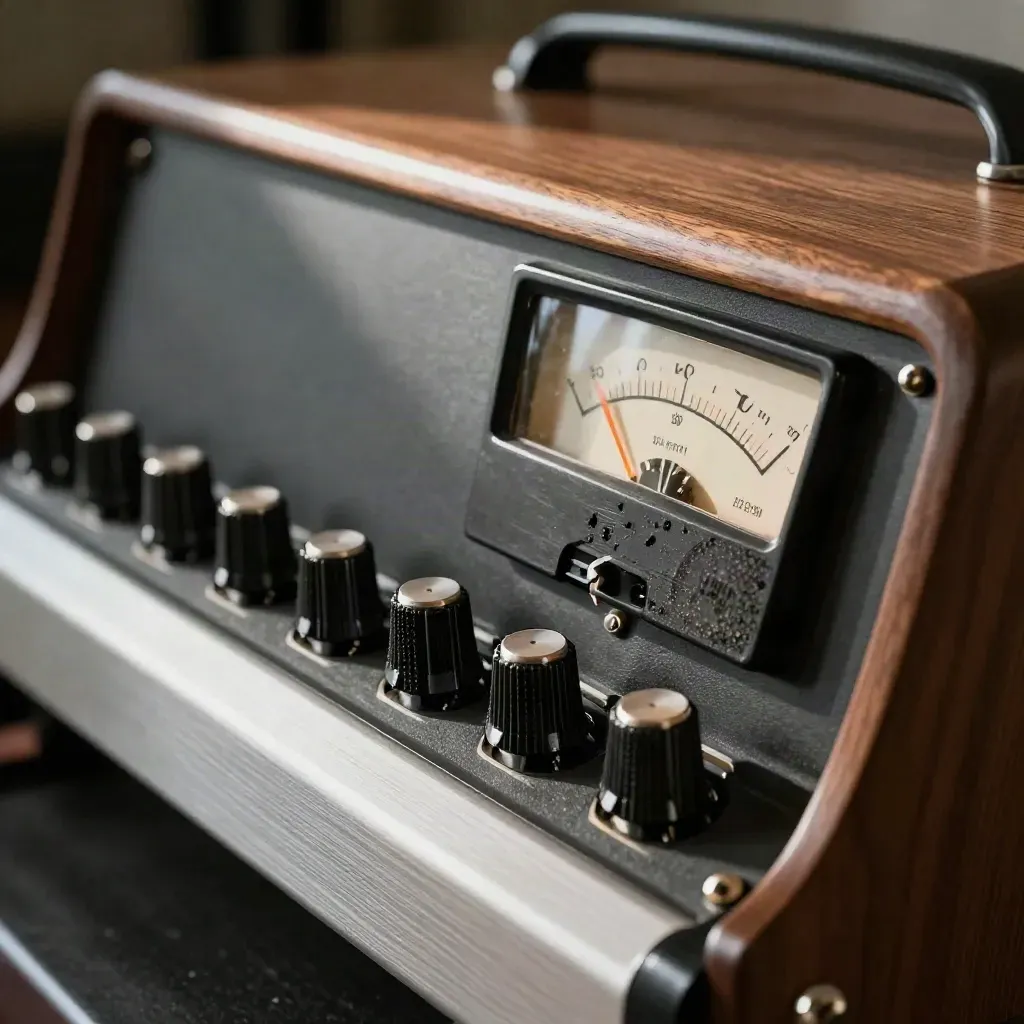 Outboard compressor rack with VU meter and worn fader cap in dim studio light
