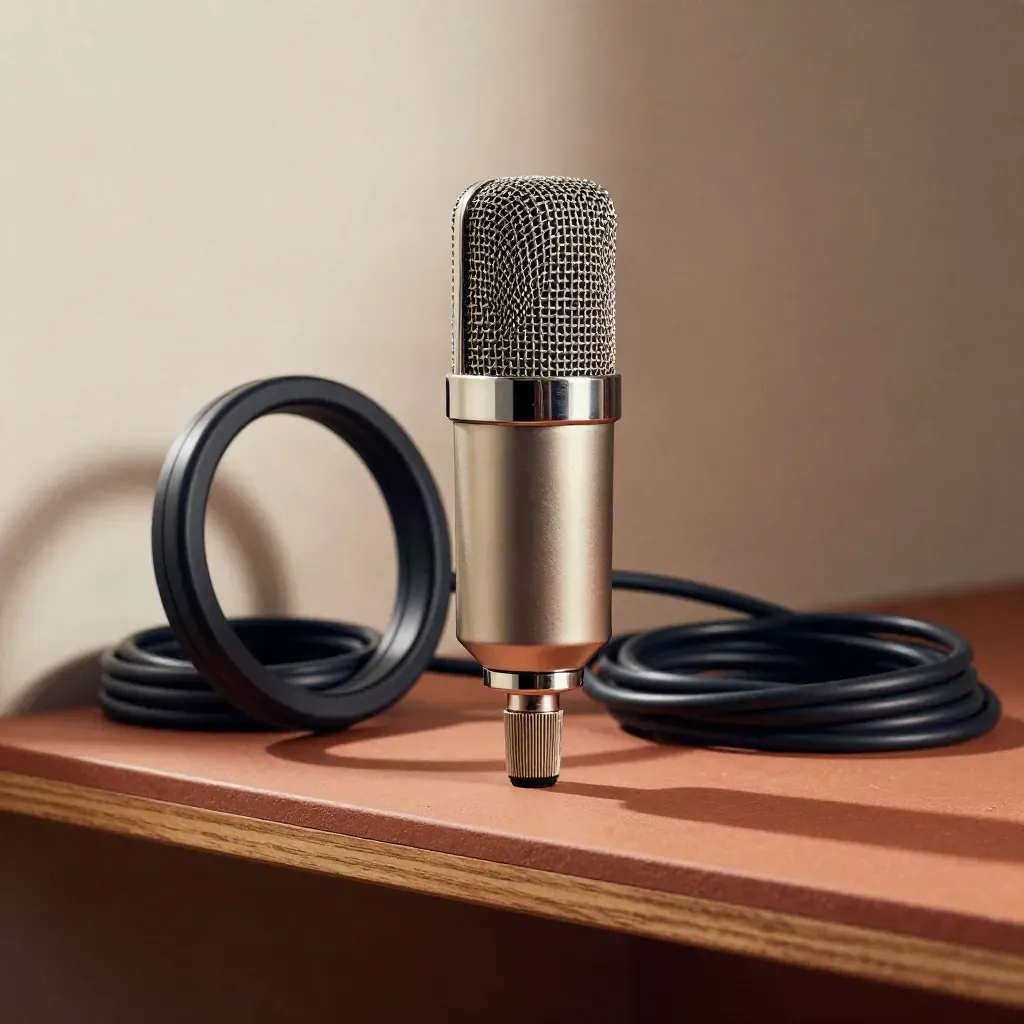 Microphone capsule, pop filter ring and cable coils on terracotta studio surface.