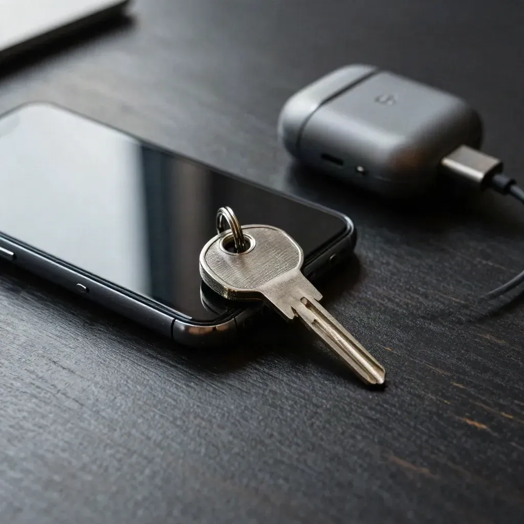 Overhead still life of a face-down smartphone, room key, headphone case and aux cable on a dark desk.