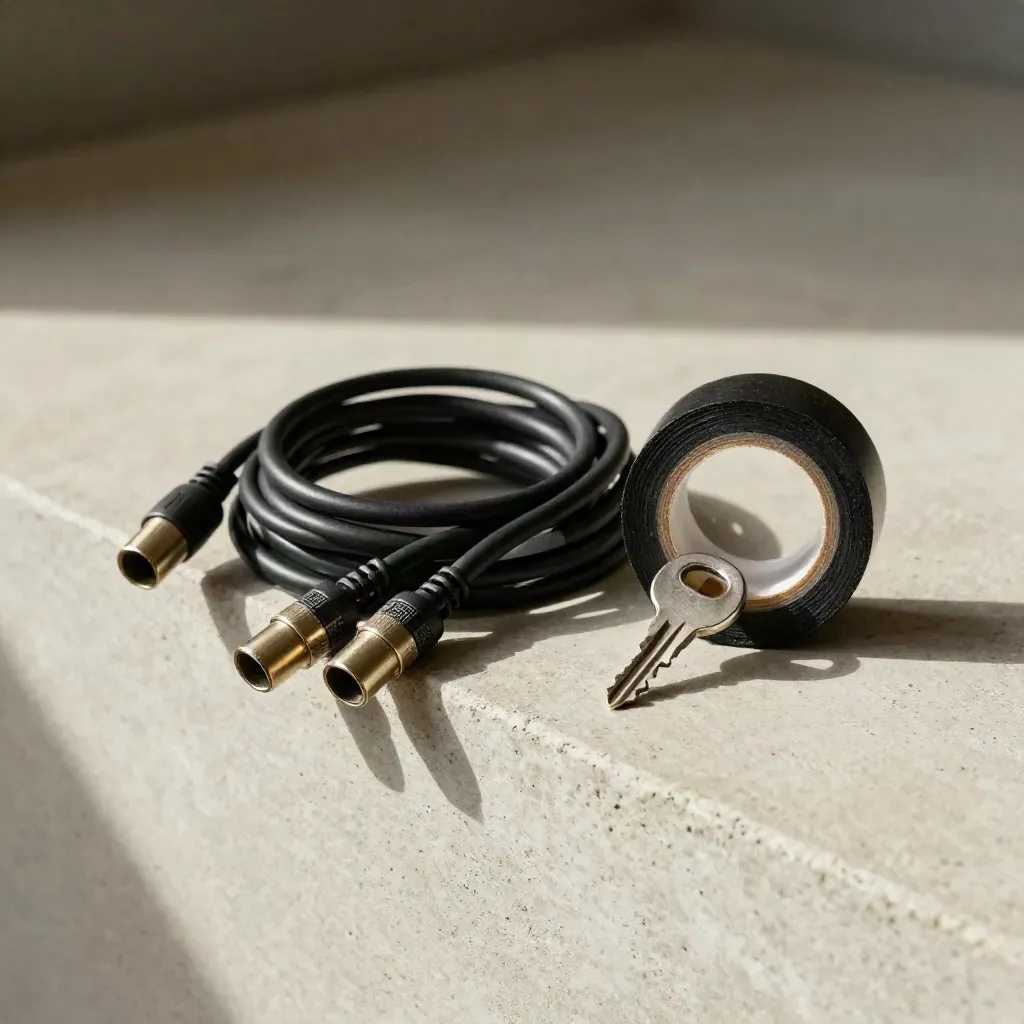 Coiled XLR cables, gaffer tape, and a studio key on a concrete ledge in soft side light.