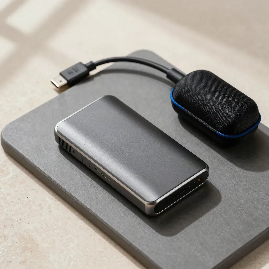 Overhead flatlay of an external drive, USB-C cable, and mic clip case on a matte tray.