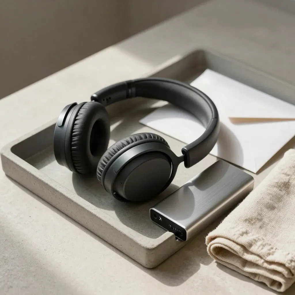 Headphones, storage drive, and export envelope on a stone tray with soft daylight.