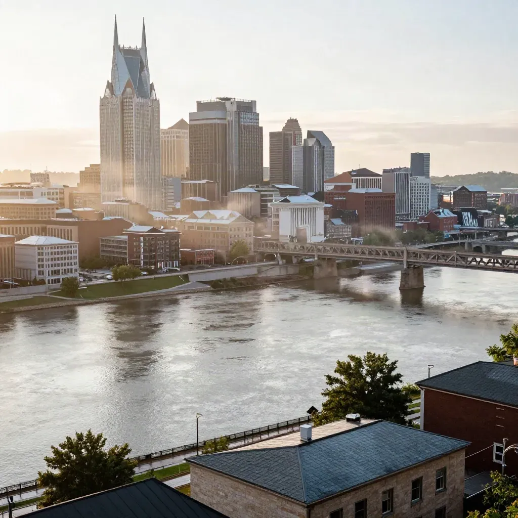 Nashville skyline and river in golden mist at sunrise, bridges high above calm water