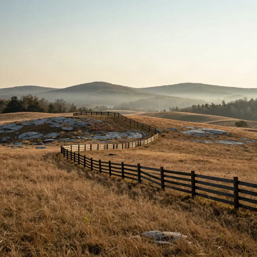 Franklin pasture at sunset with cedar fence lines, distant ridges, and hazy open sky