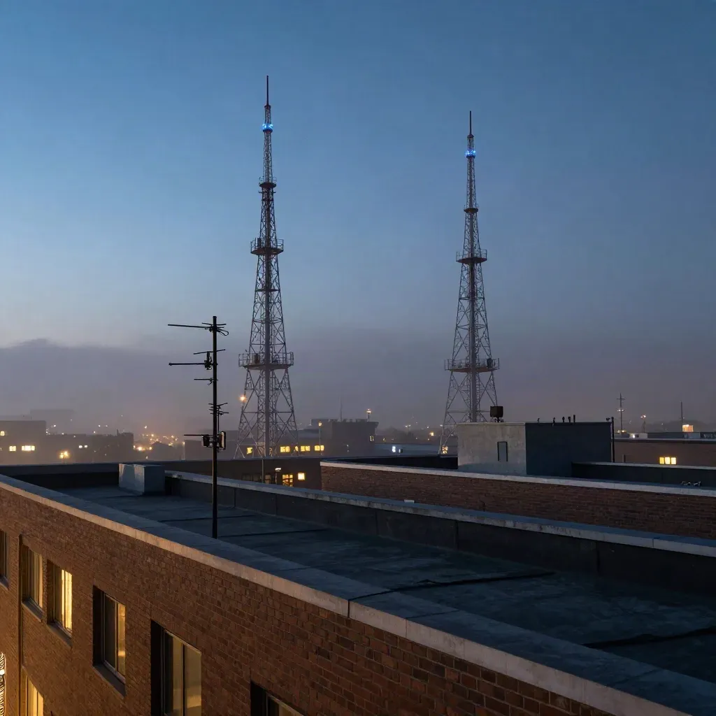 Blue-hour city edge with radio towers and glowing windows above a calm dark rooftop base.