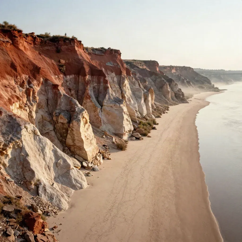 Red-clay river bluff and bridge line in warm haze over a calm river plain