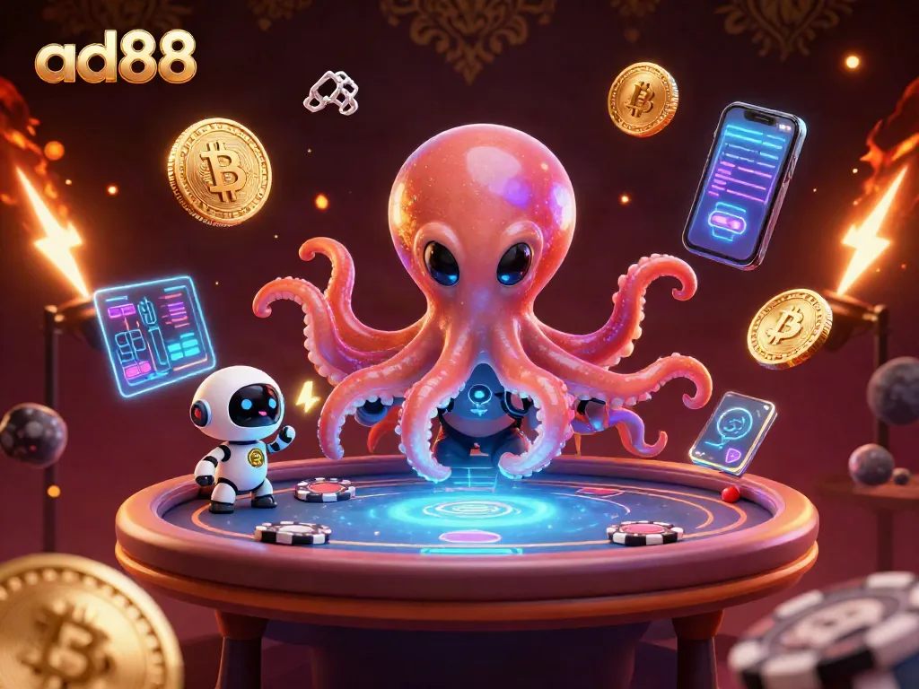Play thrilling poker at ad88 with a dynamic alien octopus and crypto-themed visual flair.