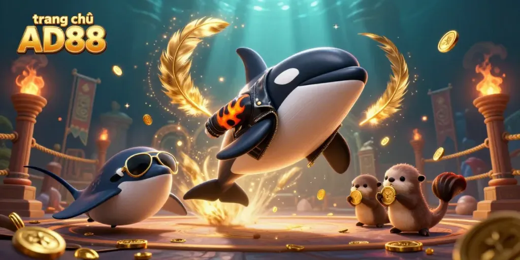 Engage with the vibrant scene of trang chủ AD88, featuring playful sea creatures in a lively underwater casino.