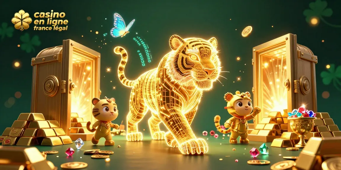 Visualisez le casino en ligne France légal avec un tigre d'or encore entouré de pierres précieuses scintillantes.