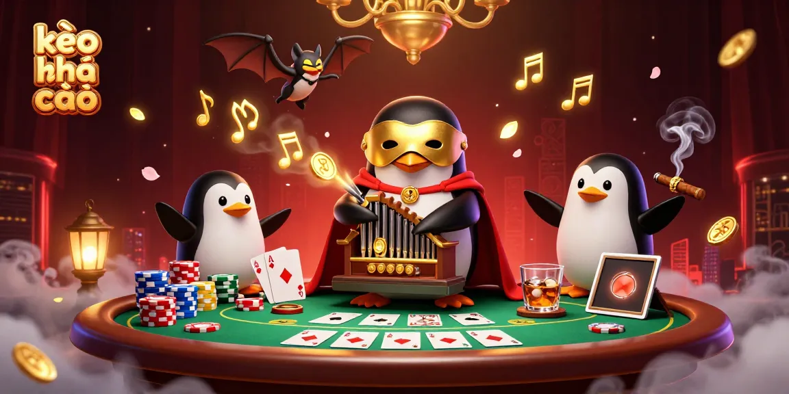 Experience kèo nhà cái with a vibrant 3D casino scene featuring a penguin organist amidst poker action.