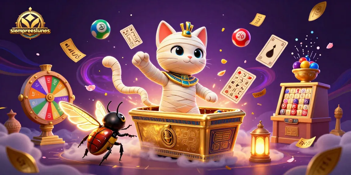 Experience exciting gaming thrills with siempreeslunes as mummies, jackpots, and lottery fun come alive in vibrant casino illustration.