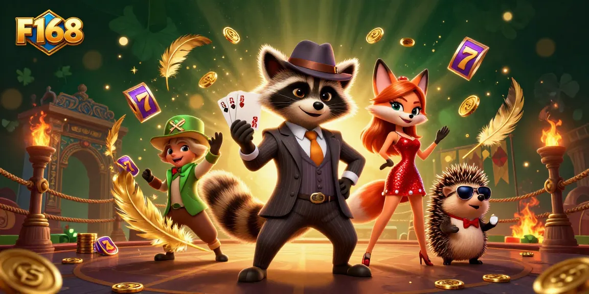 Experience thrilling action at F168 with a raccoon, fox, and hedgehog in a vibrant casino atmosphere.