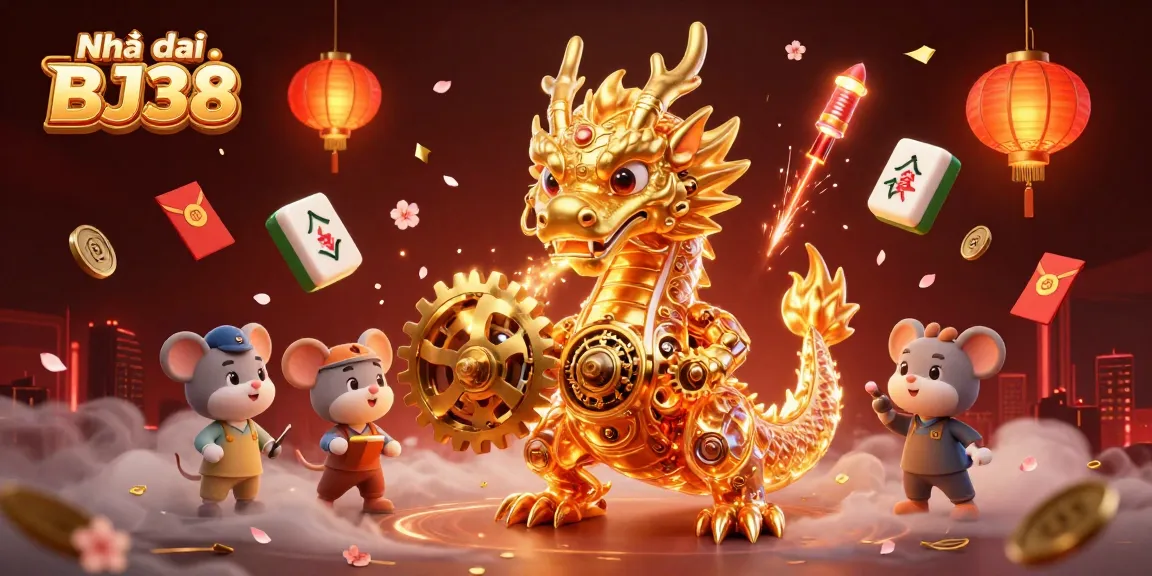Experience the thrill at Nhà cái BJ38 with a golden dragon and festive gaming elements in this vibrant casino illustration.